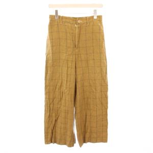 ワイドパンツ ジップフライ チェック柄 麻 リネン 2 茶 ブラウン /BB