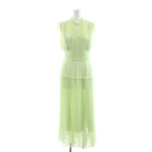 22SS プリーツプリントワンピース ミモレ ロング フレンチスリーブ リボン S ライトグリーン AWFO221048