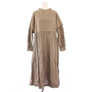 コットンモールスキンリネン切替えドレス フレアワンピース ミモレ ロング 長袖 クルーネック F グレー