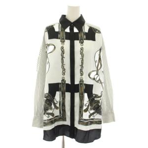 23AW スカーフコンビシャツ ブラウス 長袖 ストライプ柄 総柄 タグ付き 36 白 ホワイト 黒 ブラック