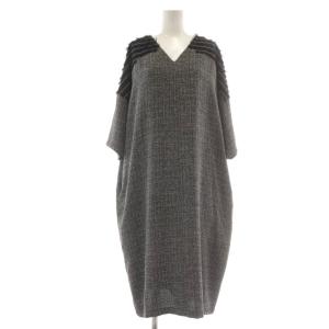 ear ツイードワンピース ひざ丈 半袖 F グレー ポケット付き Vネック フリンジ ER18A0111250100