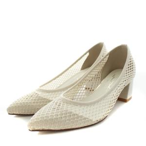 パンプス ポインテッドトゥ チャンキーヒール メッシュ 22.0cm 白 ホワイト /AN39