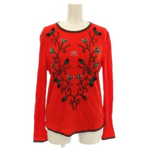 ニット 長袖 カットソー ウール 花柄 刺繍 11 赤 レッド /G