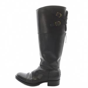 ロングブーツ ヒール アーモンドトゥ バックルデザイン レザー 37 黒 ブラック /AN2