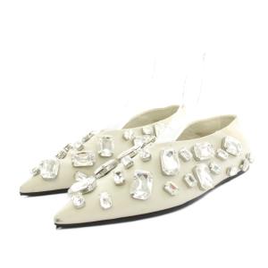 ビジュートリムフラットシューズ パンプス ポインテッドトゥ レザー ビブラムソール 白 ホワイト /YT