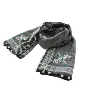 スカーフ ポンポン チェック柄 刺繍 コットン 絹 シルク混 グレー /AN38