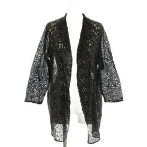 リネン100％ カットレース カーディガン 七分袖 麻 M 黒 ブラック /G