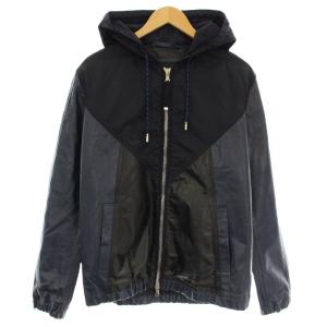 ナイロン切替 レザージャケット 牛革 パーカー 46 ネイビー 黒 /G
