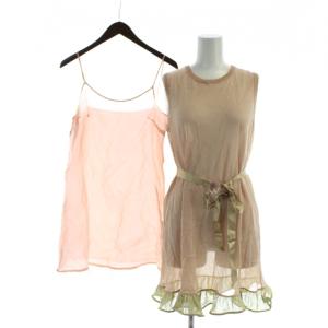 ワンピース ひざ丈 シアー 透け感 フリル ベルト付き ペチコート付き 1 ピンク ベージュ 20186