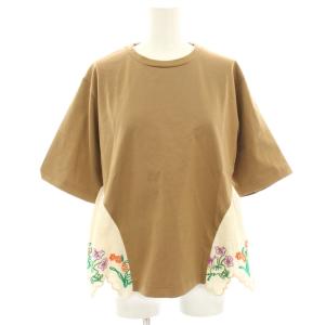 Flower Embroidery Cotton T-Shirt Tシャツ カットソー 半袖 切替 麻