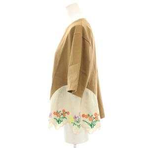 MUVEIL Flower Embroidery Cotton T-Shirt Tシャツ カットソー 半袖 切替 麻