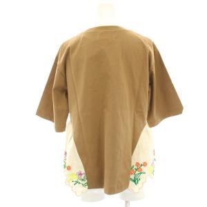 MUVEIL Flower Embroidery Cotton T-Shirt Tシャツ カットソー 半袖 切替 麻