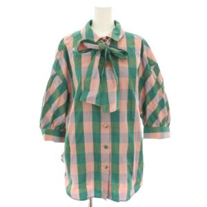 フレアチェッククロスブラウス シャツ 七分袖 ボウタイ 絹 シルク混 1 緑 グリーン ピンク 03487