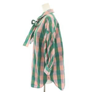 leur logette フレアチェッククロスブラウス シャツ 七分袖 ボウタイ 絹 シルク混 1 緑 グリーン ピンク 03487
