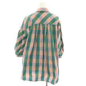 leur logette フレアチェッククロスブラウス シャツ 七分袖 ボウタイ 絹 シルク混 1 緑 グリーン ピンク 03487