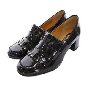 インステップパンプス ローファー エナメル 23.5cm 黒 ブラック フリンジ スタッズ チャンキーヒール