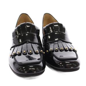 DIANA インステップパンプス ローファー エナメル 23.5cm 黒 ブラック フリンジ スタッズ チャンキーヒール