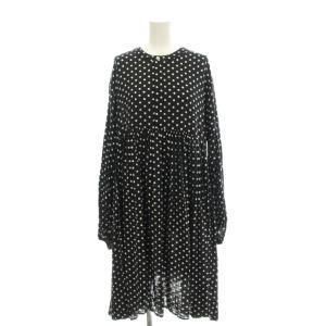 フレアワンピース ギャザー ひざ丈 長袖 クルーネック チェック柄 ドット柄 F 黒 ブラック グレー