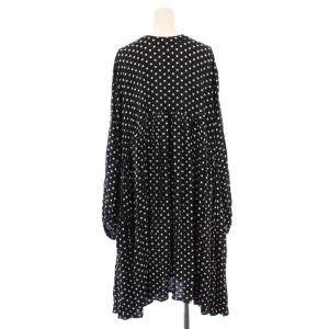BEARDSLEY フレアワンピース ギャザー ひざ丈 長袖 クルーネック チェック柄 ドット柄 F 黒 ブラック グレー