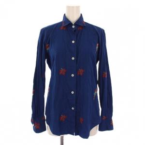シャツ ブラウス 長袖 花柄 鳥柄 刺繍 S 紺 /BM