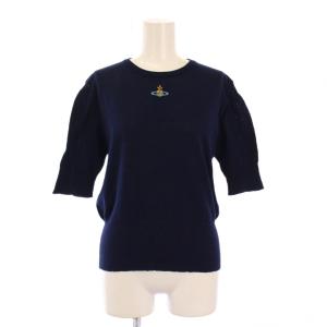ニット 半袖 クルーネック ストレッチ  オーブ ロゴ 刺繍 ワンポイント M 紺 ネイビー /BB