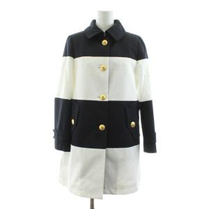 ステンカラーコート ミドル丈 ボーダー柄 金ボタン 38 紺 ネイビー 白 ホワイト 55A36-350-02
