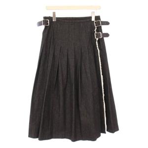 ラップスカート 巻き デニム プリーツ フレア マキシ ロング ベルト S 黒 ブラック /BB