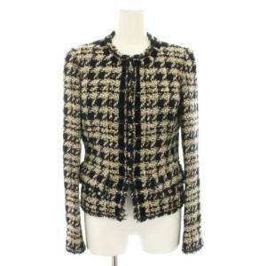 ツイードジャケット ノーカラージャケット アウター フリンジ M 黒 ブラック 白 ホワイト 14000446