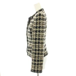 Lois CRAYON ツイードジャケット ノーカラージャケット アウター フリンジ M 黒 ブラック 白 ホワイト 14000446
