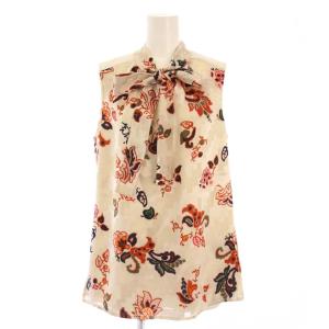 ボウタイシャツ ブラウス ノースリーブ 総柄 4 ベージュ アイボリー タグ付き /BB