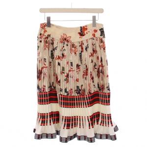 プリーツスカート フレア ひざ丈 花柄 8 ベージュ マルチカラー タグ付き /BB
