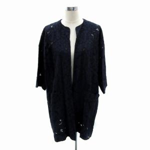 ノーカラーコート スプリングコート ミドル丈 七分袖 前開き 総レース 花柄 38 紺 ネイビー /MA9