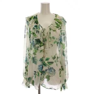 シアー シャツ ブラウス シースルー 花柄 フリル レース 長袖 シルク 38 緑 グリーン アイボリー
