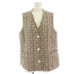 23SS ボーダーパターンツイード 3Bベスト ジレ フリンジ チェック ラメ混 36 茶 ブラウン ベージュ