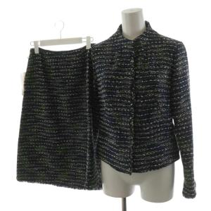 スーツ セットアップ 上下 ノーカラージャケット フレアスカート ひざ丈 ツイード M 紺 ネイビー GBJDJ-19490