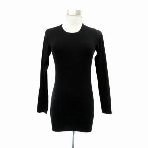 リブニット カットソー ラウンドネック 長袖 無地 シルク カシミヤ混 黒 ブラック /HO33