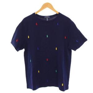 Tシャツ 半袖 クルーネック ロゴ 刺繍 ストレッチ 総柄 XL 紺 ネイビー /BB