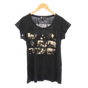 カットソー 半袖 Uネック ストレッチ ロゴ プリント 薄手 F 黒 ブラック /BB