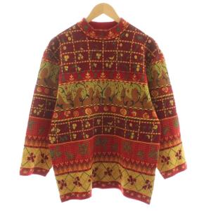golf ニット セーター 長袖 総柄 刺繍 ウール F 赤 レッド マルチカラー 535-Q-7102