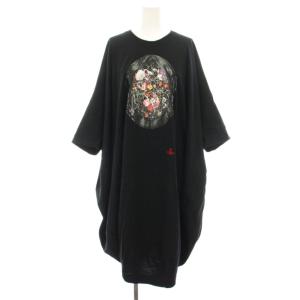 Tシャツワンピース ロング 五分袖 花柄 プリント オーブ 刺繍 00 黒 ブラック 16-12-532012