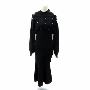 24AW パールニットワンピース ロング丈 マキシ丈 長袖 オープンショルダー リボン F 黒 ブラック
