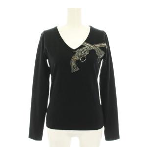 ロンT Tシャツ カットソー Vネック 長袖 スワロフスキー スタッズ 二丁拳銃柄 クロスガン柄 1 黒
