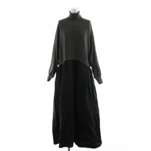 23AW ニットコンビギャザーワンピース マキシ ロング 長袖 切替 タートルネック F グレー 黒 ブラック