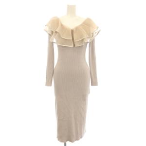 リブニットワンピース ロング フリル オフショルダー S ピンク ベージュ 002360302101-01