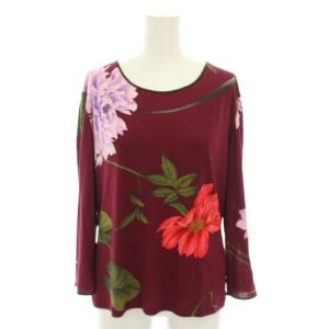 カットソー ブラウス ラウンドネック 長袖 花柄 絹 シルク 42 赤紫 レッドパープル /YT