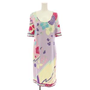 ラベルフューシャ LABEL FUCHSIA ワンピース ひざ丈 五分袖 花柄 総柄 40 紫 パープル