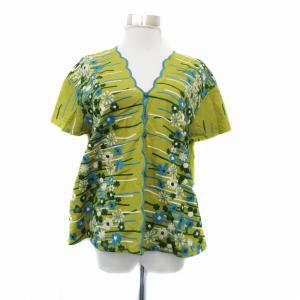 シャツ ブラウス Vネック 半袖 花柄刺繍 40 L マルチカラー 黄緑 ライトグリーン /HO34
