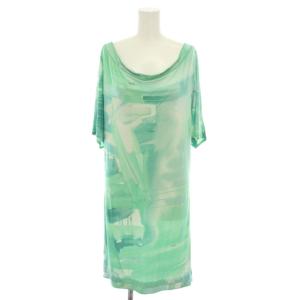 ワンピース ひざ丈 ボートネック 半袖 総柄 絹 シルク 36 緑 グリーン 0490053 /YT