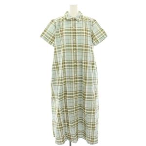 タグ付き チェックシャツワンピース ロング ミモレ 半袖 9 水色 ライトブルー カーキ 4500310