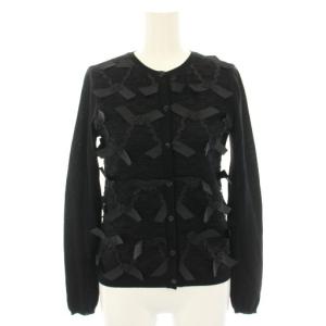 ニットカーディガン クルーネック 長袖 リボン レース S 黒 ブラック DRA9Q945-VM0209R